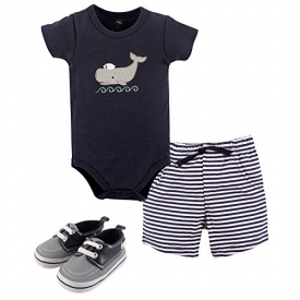 Hudson Baby Baby -Boys’ 3 Piece Bodysuit, Short, Shoe Set, Sailor Whale, 6-9 Months