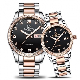 Couple Automatic Mechanical Watch Men and Women Sapphire Glass Watches Two Tone for Her or His Gift Set 2 (Rose Gold/Black)