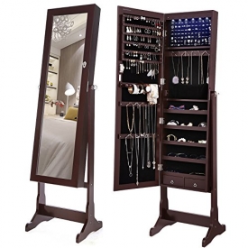 SONGMICS 6 LEDs Jewelry Cabinet Lockable Standing Jewelry Armoire Organizer with Mirror 2 Drawers Brown UJJC94K