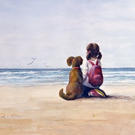 A Girl and Her Dog Friend Art print of Watercolor Painting – Child, Pet, Girl’s Room, Friendship, childhood, Companion, Beach