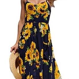 Angashion Women’s Dresses-Summer Floral Bohemian Spaghetti Strap Button Down Swing Midi Dress With Pockets