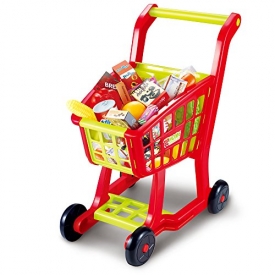 Shopping Cart Toy, Seprovider Kids Supermarket Cart Simulation Shopping Trolley Toy with 27 Pieces of Fruits, Vegetables, Food, Pretend Play Toy Grocery Cart Yellow/Red