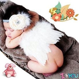 CiaraQ Newborn Baby Photography Props Feather Angel Wings and Rhinestone Headband Set Baby Hair Accessories Photo Prop Costume (White)