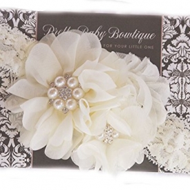 Baby Christening Baptism Headband – Handcrafted in the USA (Regular 3m-Toddler, Cream Lace Pearls)