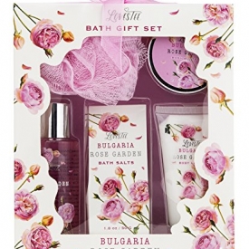 Spa Gift Set, Bath and Body Set with Bulgaria Rose Garden Fragrance By Lovestee – Includes Exotic Shower Gel, Sensual Body Butter, Bath Salt, Smooth Body Butter, and Soft Pink Bath