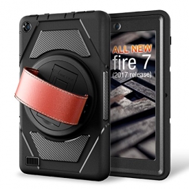 eSamcore All-New Amazon Fire 7 Tablet Case,[Built-in Screen Protector] [Hand Strap] [Kickstand] Rugged Protection Case for Kindle Fire 7 2017 Release [Black/Black]