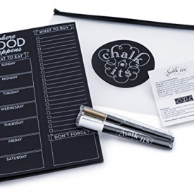 Chalk-Its Weekly Chalkboard Menu & Grocery List Planner w/White and Gold Liquid Chalk Markers, Perforated Black Paper Note Pad, Refrigerator Magnet, Gift Package, Bistro Design of Where Food Happens