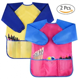 Pack of 2 Kids Art Smocks, Children Waterproof Artist Painting Aprons Long Sleeve with 3 Pockets for Age 2-6 Years by Bassion
