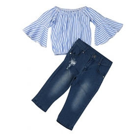 HOT!!Woaills Off Shoulder Stripe T Shirt Top Jeans Pants Outfit Cotton Clothes Set – 2-7 Years Old Toddler Baby Girl (Blue, 3T)