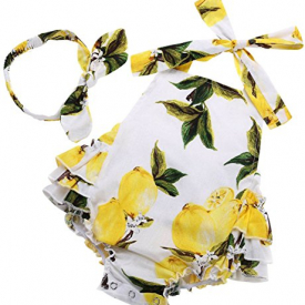 Fubin Baby Girl’s Floral Print Ruffles Romper Infant Summer Clothes For Girls with Headband 13-24 months Yellow Lemon