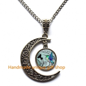 Delicate Necklace,Crescent Moon Necklace,Hummingbird Jewelry – Blue Hummingbird Necklace,bird necklace,bird jewelry