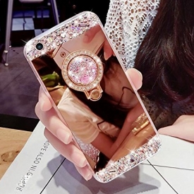 iPhone 7 Plus Case,Inspirationc Crystal Rhinestone Mirror Glass Case Bling Diamond Soft Rubber Makeup Case for iPhone 7 Plus 5.5 Inch with Detachable 360 Degree Ring Stand–Rose Gold