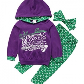 Gogoboi 3pcs Mermaid Outfit Set Long Sleeve Hoodie Top+Pants+Headband Suit For Baby Girl 1-6T (Purple, 2-3T)