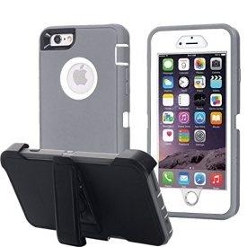 Ai-case Built-in Screen Protector Tough 4 in1 Rugged Shorkproof Cover With Kickstand for iPhone 6/6S Plus, Grey/White