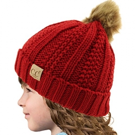 Kids CC Ages 2-7 Sherpa Lining PomPom Thick Stretchy Knit Beanie Cap Hat Red