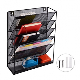 MaxGear Mesh Wall File Organizer Wall Mounted File Holder 5 Tier Metal Office File Rack Hanging Document & File Organizer Wire Vertical Magazine Rack & Mail Sorter, 5 compartment, Black