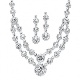 Mariell Regal Silver 2 Row Rhinestone Crystal Necklace and Earrings Set for Prom, Brides and Bridesmaids