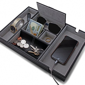 HOUNDSBAY “Victory” Valet Tray for Men with Large Smartphone Charging Station (Grey)
