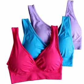 Cabales Women’s 3-Pack Seamless Wireless Sports Bra with Removable Pads, Red/Blue/Purple, XX-Large