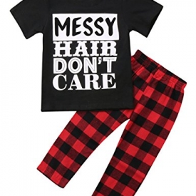 Little Girls Short Sleeve Messy Hair Don’t Care Letters Print T-Shirt and Pants Outfit Summer(4T,Red)