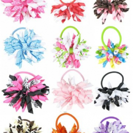 HipGirl 12pc Hair Bow Ponytail Holder W/ Korker Ribbon, No Metal Crease Ouchless Elastic Rubber Band For Girl Woman Baby Teen Kid Toddler Adult, To Match Outfit, Dress, 3.5″