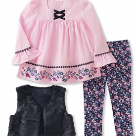 Kids Headquarters Little Girls 3 Pieces Faux Fur Vest Tunic Legging Set, Navy/Blue/Multi, 5