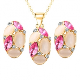 Cute Opal Jewelry Sets Pendant Necklaces Earrings For Women (Pink)