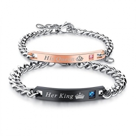 Feraco Unique His Queen Her King Bracelets Matching Set Titanium Stainless Steel Couple Bracelet Anniversary Gift,One Pair