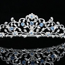 Venus Jewelry Flower Vine Design Bridal Tiara Crown – Blue Crystals Silver Plating (T797)