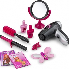 JaxoJoy Beauty Stylist Set – Complete Play Pretend Hair Salon Station Gift Playset for Girls with Toy Blow Dryer, Curler, Scissors, Comb, Table, Mirror & Other Styling Tools – Recommended Ages 3+