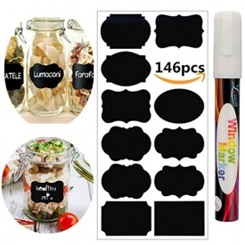 Chalkboard Labels,146pcs Waterproof Reusable Chalkboard Stickers with 1 White Chalk Markers Window Pens Erasable for Labeling Mason Jars, Pantry, Craft Rooms & Closets – Organize Your Home & Office