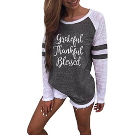 IEason Women Top, Women Ladies Plus Size Long Sleeve Thanksgiving Blouse Tops Patchwork T Shirt (Gray, XL)