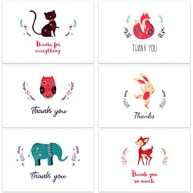 Thank You Cards with Envelopes Bulk Box Set – 60 Note Cards Pack – 6 Animal Designs – Blank Inside – 62 Brown Kraft Paper Envelopes Included