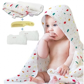 Muslin Baby Swaddle Blanket Unisex – Organic Cotton Blankets White 47″ x 47″ – Infant Wrap Set with Comb and Bamboo Washcloths – Designed for Newborn, Girl & Boy