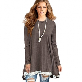 Sunfung Women’s Lace Long Sleeve Tunic Tops Shirt Clothing Scoop Neck Womens Plus Size Tunic Blouses Tops (XXL-Large/US 20-22, Coffee)