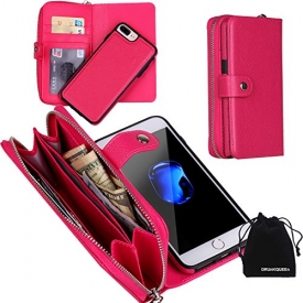 iPhone 8 Plus Case, iPhone 7 Plus Case, Zipper Wallet Type Flip Folio Premium Leather Credit Card Holder Case with Wrist Strap – Detachable Magnetic Back Cover for iPhone 7Plus / iPhone 8Plus