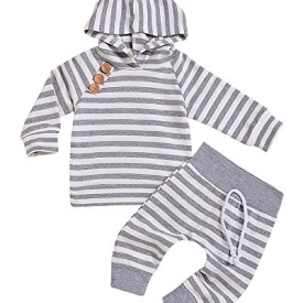 Newborn Baby Boys Girls Hooded Sweatshirt T-Shirt Tops+Striped Pants Kids Outfits Clothes Set (Grey, 6-12Months)