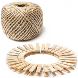 328 Feet 3mm Natural Jute Twine and 100pcs Mini Wooden Clothespins – Gift Wrap Twine String For Crafts, Picture Hanging Photo Display String With Clips
