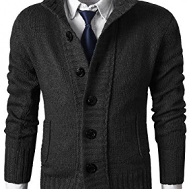 MIEDEON Mens Casual Stand Collar Cable Knitted Button Down Cardigan Sweater (M, Black2)