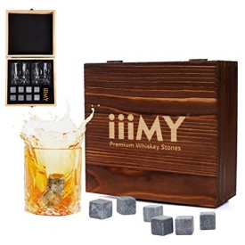 Whiskey Stones and Glasses Gift Set, Whiskey Rocks Chilling Stones in Premium Handmade Wooden Box– Cool Drinks without Dilution – Whiskey Glasses Set of 2, Gift for Dad, Husband, Men – iiiMY