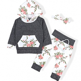 Valentines Baby Girls Long Sleeve Flowers Hoodie Tops and Pants Outfit With Kangaroo Pocket Headband(6-12 Months)