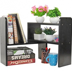 PAG Desktop Bookshelf Adjustable Countertop Bookcase Office Supplies Wood Desk Organizer Accessories Display Rack, Black
