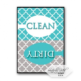Clean Dirty Dishwasher Magnet Sign Best for Dishes – Cute Elegant Quatrefoil Moroccan Trellis Modern Pattern – AQUA BLUE / GREY – 3.5 x 2.5 – Housewarming, Bridal Registry & Gag Gift Stuffers Idea
