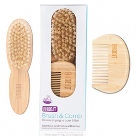 Rhoost Natural Bamboo Wooden Hair Brush and Comb Set. Suitable for Newborns, Infant & Toddlers. Soft Gentle Bristles for Cradle Cap