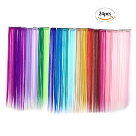 Bundle 24 Pieces of 20 Inches Multi-colors Party Highlights Colorful Clip in Synthetic Hair Extensions，straight long Hairpiece
