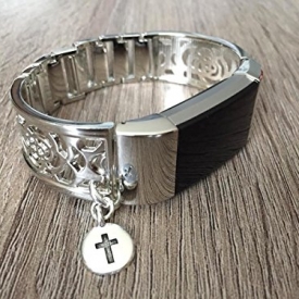 Silver Metal Band For Fitbit Charge 2 Fitness Tracker Flowers Design Accessory Jewelry Fitbit Charge 2 Bracelet With Silver Christian Cross Religious Charm Adjustable Bangle