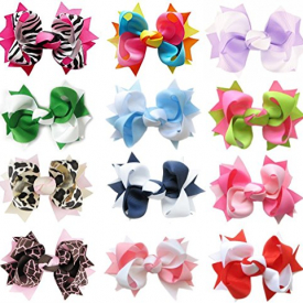HipGirl 12pc 3″ Spike Hair Bow Clip, Barrette.Grosgrain Ribbon Alligator Clip For Girl Baby Teen Kid Toddler Adult.For Pigtails,Ponytails.Assorted Beauty Accessories,Match Outfits,Dresses