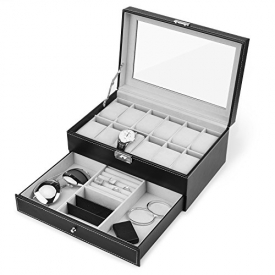 Watch Box, 12 Slots PU Leather Case Organizer with Jewelry Drawer for Storage and Display