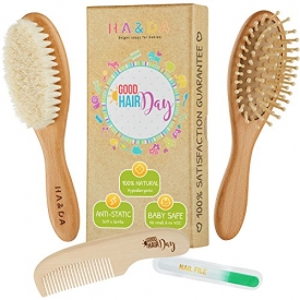 4 Piece Natural Baby Wooden Hair Brush and comb set, Free nail file, Babies Grooming Kit, Soft Goat Bristles for Cradle Cap, Boys & Girls, Toddler & Newborn, Baby Shower Gift & Registry