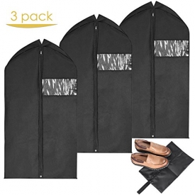 Garment Bags + Shoe Bag, MaidMAX Set of 3 Breathable Suit Dress Shirt Covers Carriers with Plastic Clear Window, Long Zipper & Bonus Shoe Bag for Men & Women, 42 Inches Long, Black